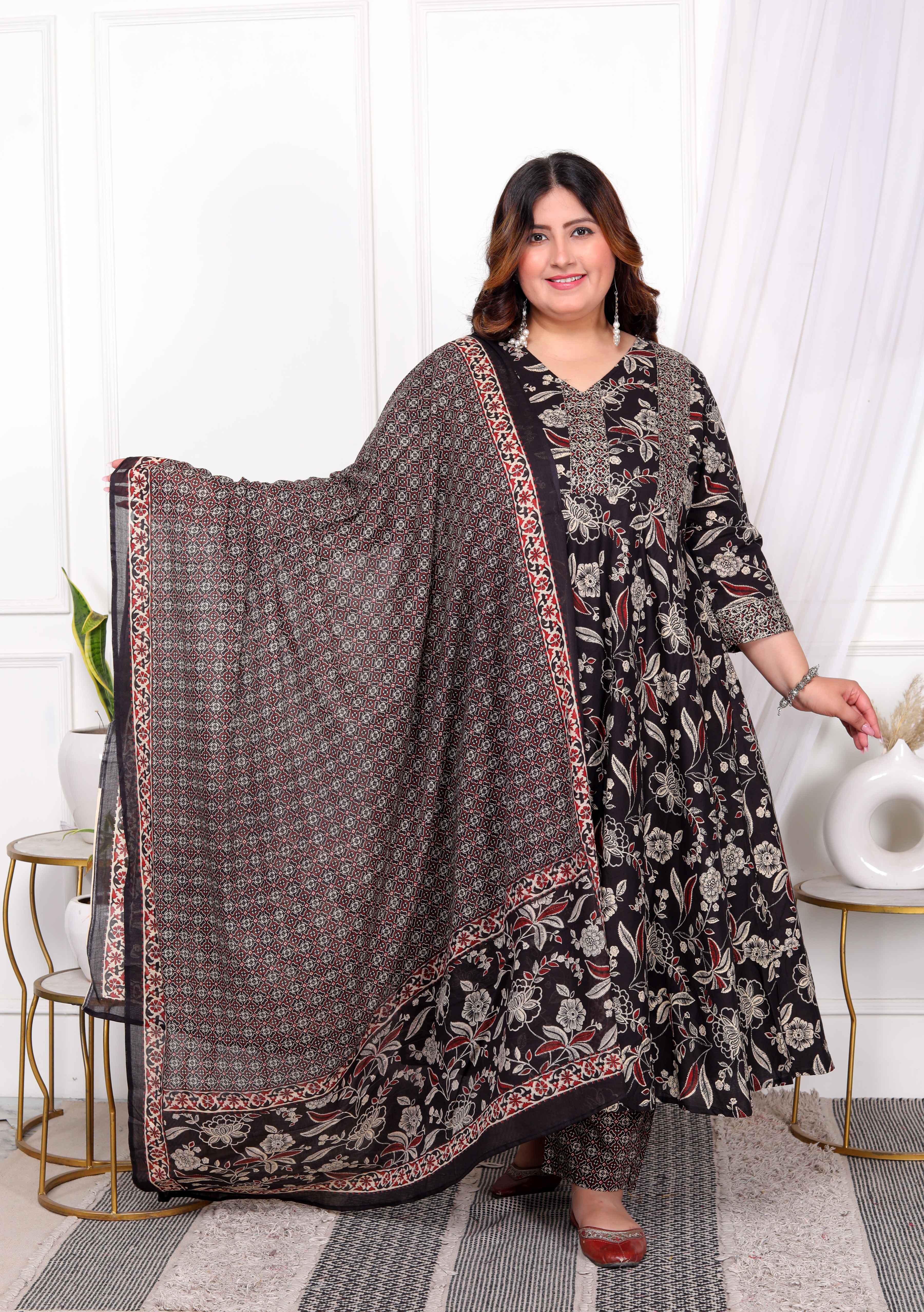 Multi-Color Embroidered Anarkali Kurta with Palazzo and Dupatta Set